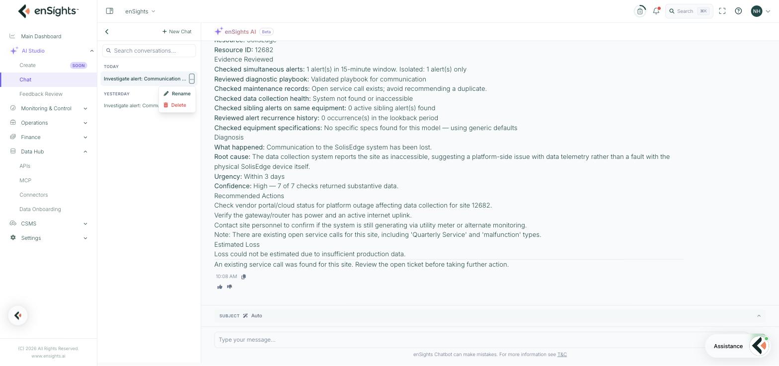 A completed alert investigation in Chat: Component Under Investigation, Evidence Reviewed listing seven checks and their results, Diagnosis with root cause, urgency and confidence, Recommended Actions, and Estimated Loss, with thumbs up and thumbs down beneath.
