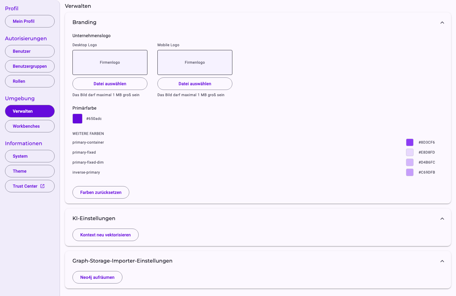 Die Seite Verwalten: Branding mit Unternehmenslogo (Desktop Logo, Mobile Logo, Datei auswählen, Das Bild darf maximal 1 MB groß sein), Primärfarbe, Weitere Farben und Farben zurücksetzen; KI-Einstellungen mit Kontext neu vektorisieren; Graph-Storage-Importer-Einstellungen mit Neo4j aufräumen