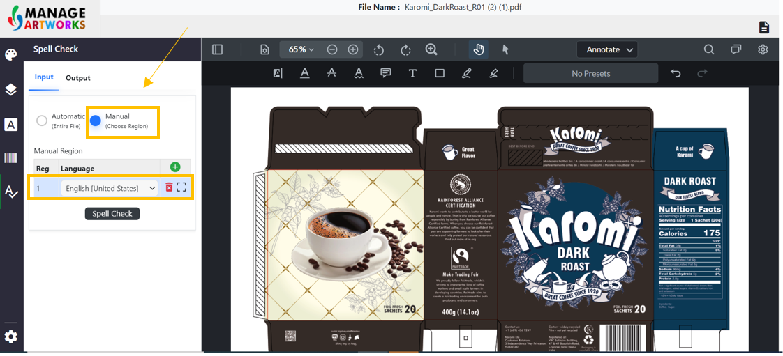 Manual spellcheck for packaging artworks