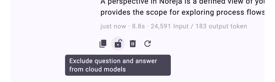 Under an answer, the actions copy, lock, delete and run again; the lock is open and its tooltip reads Exclude question and answer from cloud models