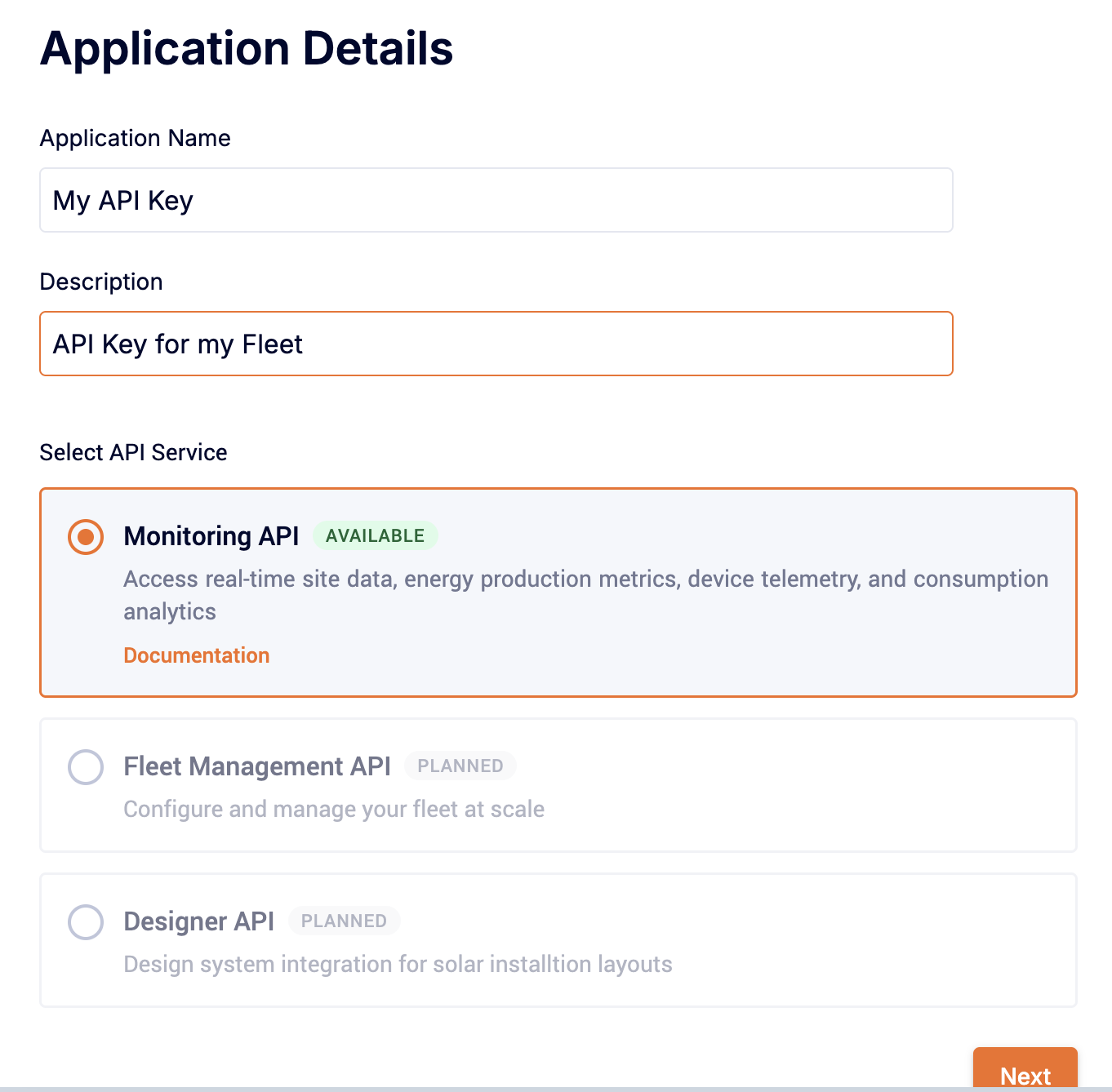 SolarEdge developer platform Application Details form with name, description and Monitoring API selected
