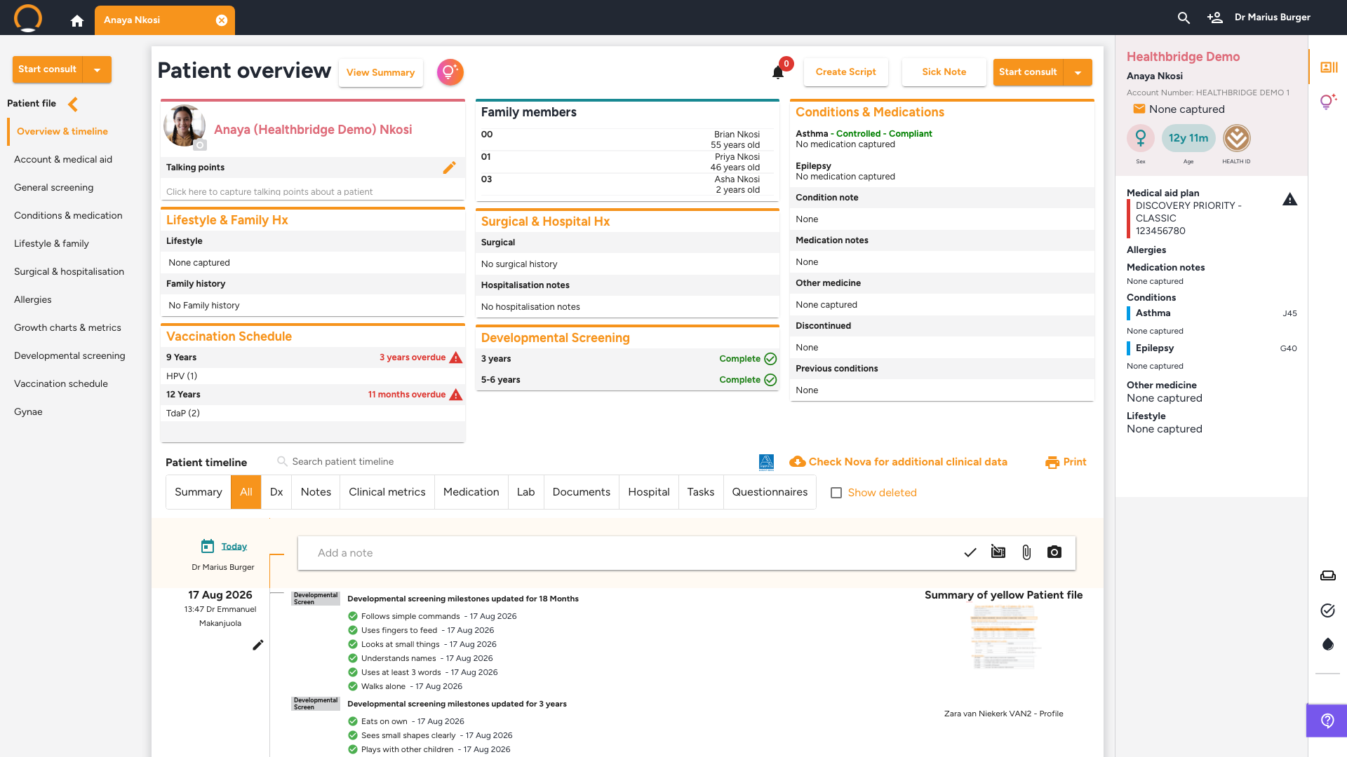 Patient Overview showing talking points, family, and conditions