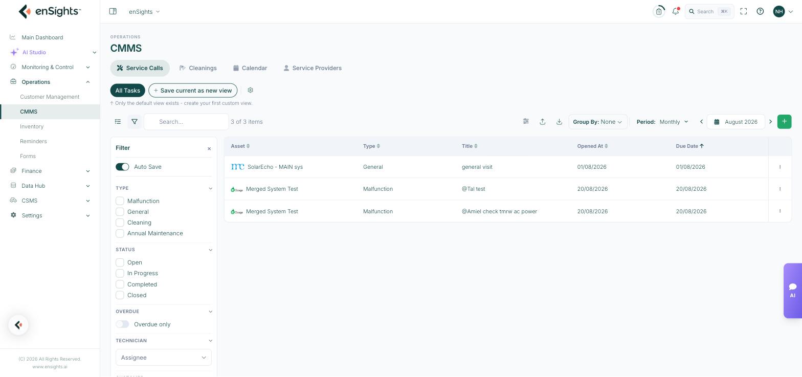 The service call filter panel: type, status, overdue only, technician, customer and system.