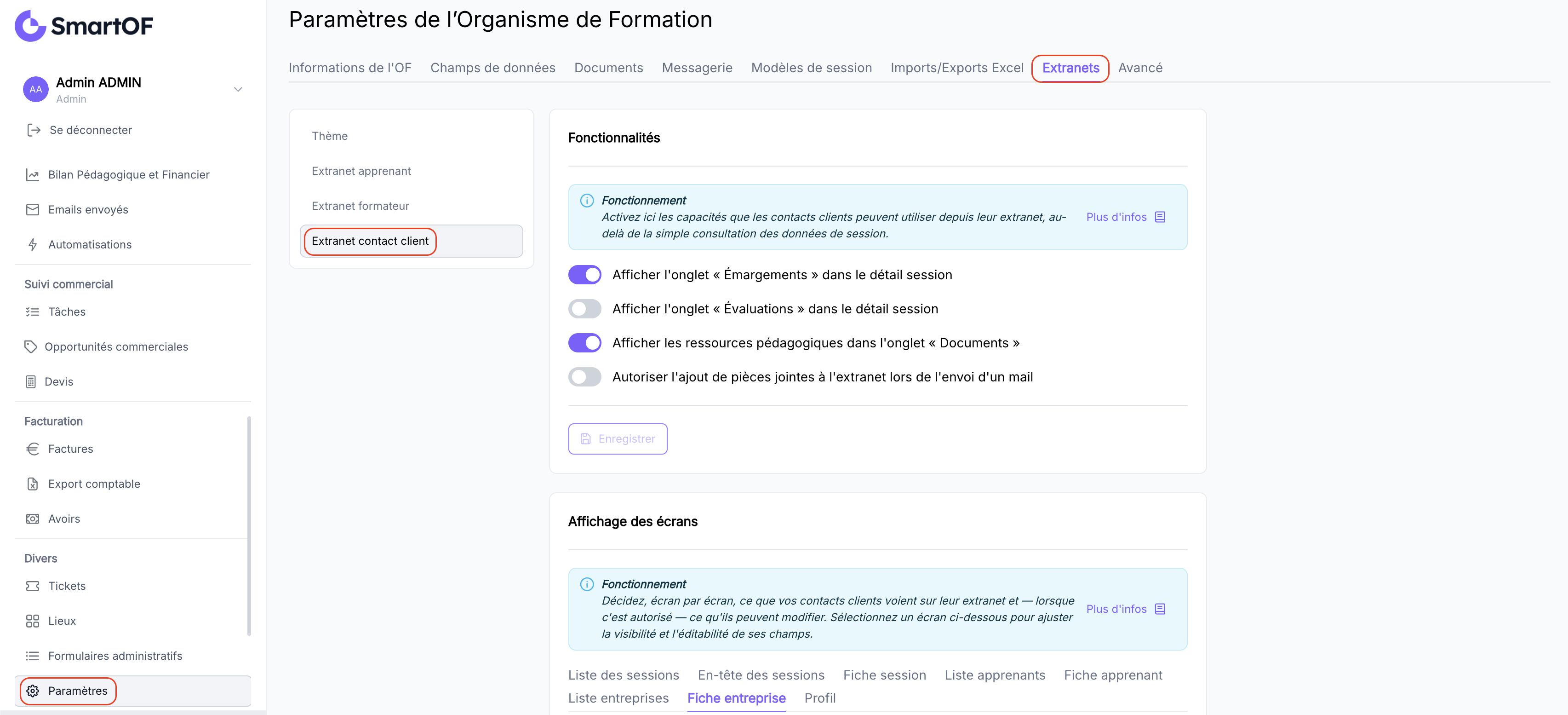 Section Personnalisation des Extranets, onglet Extranet contact client