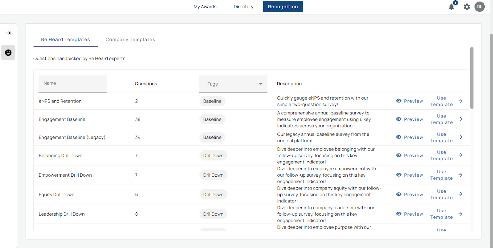 Survey templates page. 