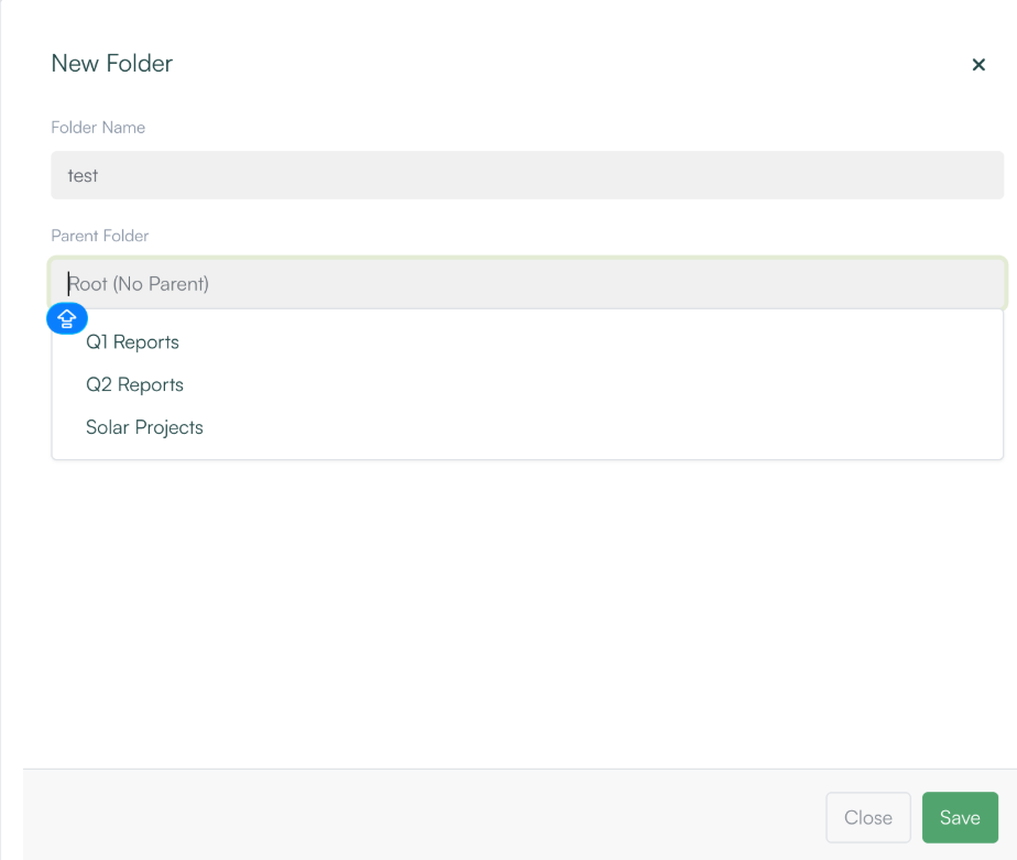 New Folder dialog with a folder name and a Parent Folder list for creating a sub-folder