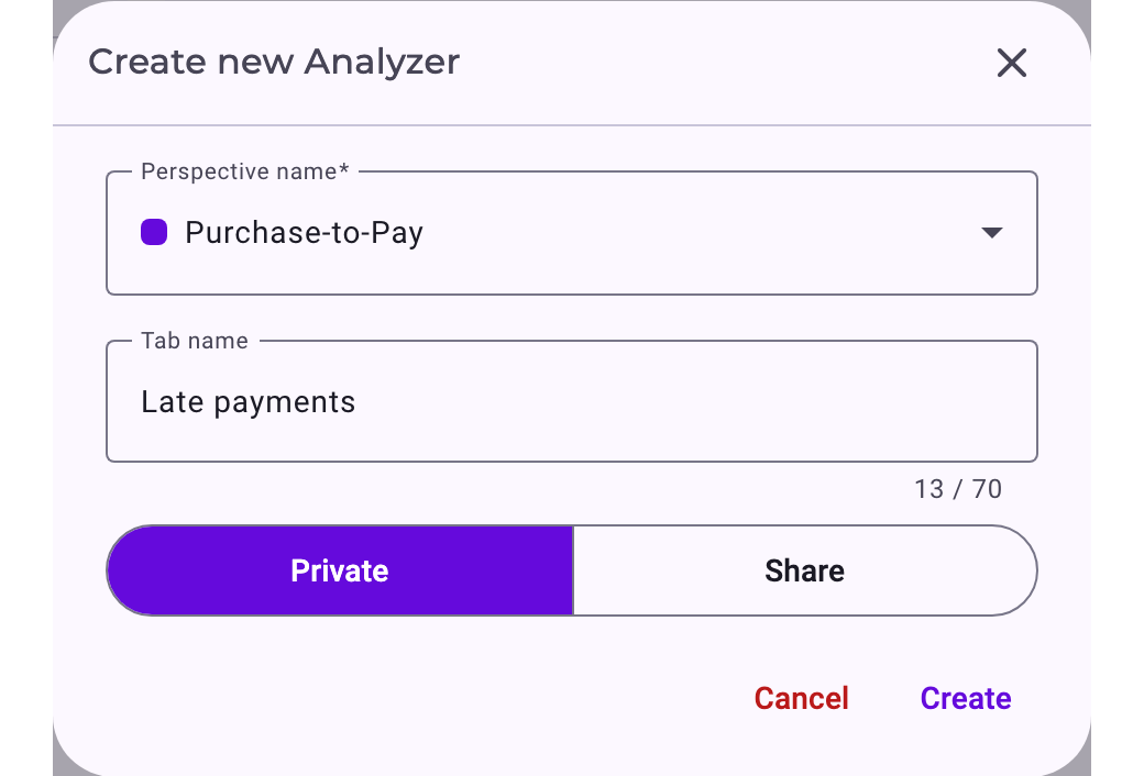 The dialog Create new Analyzer with the perspective Purchase-to-Pay, the tab name Late payments and Private selected