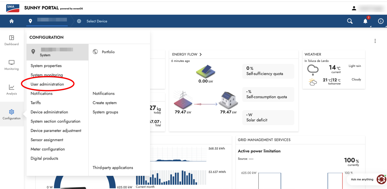 Ennex platform: Settings menu with User Administration
