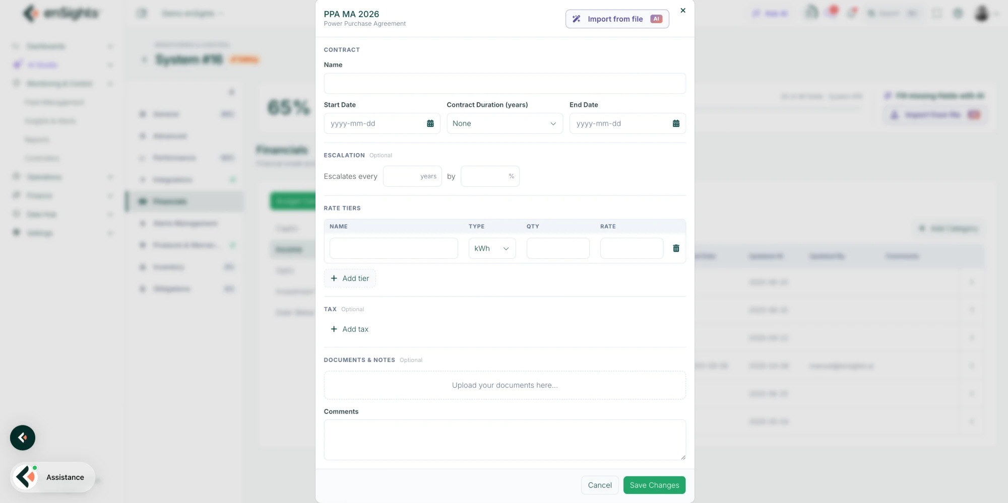 Empty PPA form with the Import from file button in the top-right corner