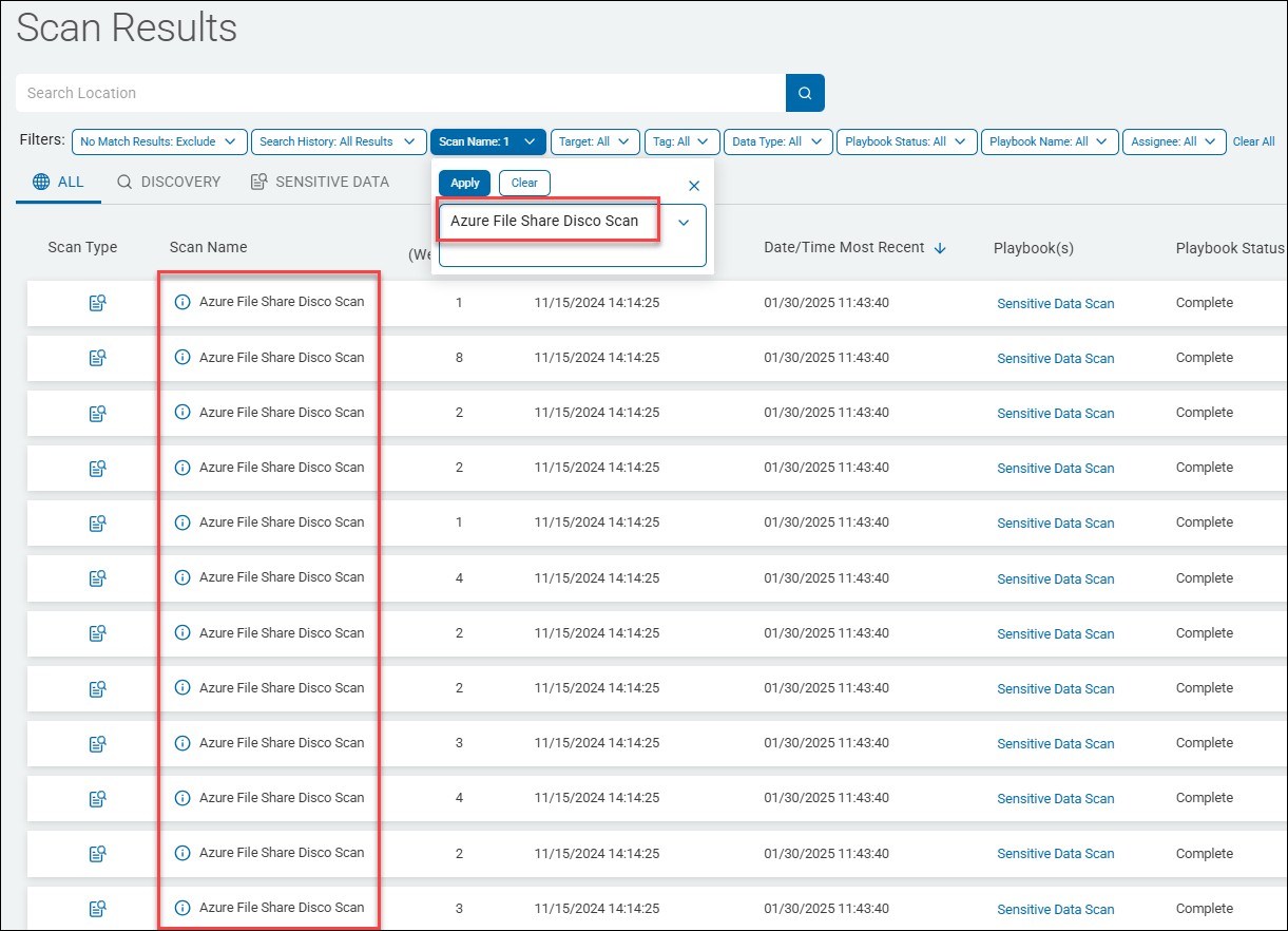 Scan Results with single filter - Scan Name - applied