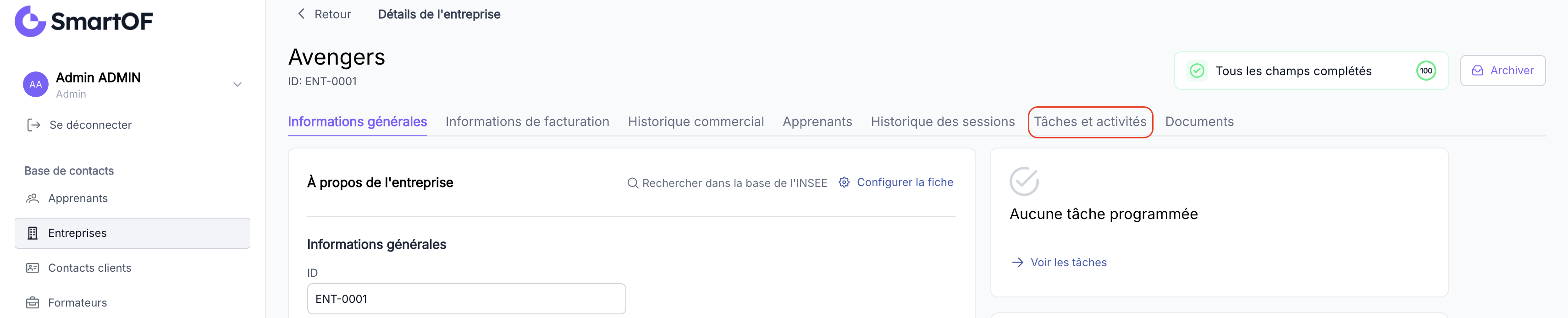 Onglet Tâches et activités avec le bouton Ajouter une tâche