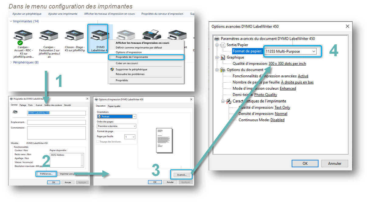 Dans le menu configuration des imprimantes 
Imsyimantes 
de r 
*riphériques (8) 
Options avancées DYMO LabelWraer 
Paramètres avances du document OVMO 
Sorti p 
Multi• Purpose 
Graphique 
d'impœsim 
Options du document 
Fon lités 
ression avancée 
par feuille 
Nombre de p 
Mode d'im 
on couleur 
Demi.te• 
de r imprimante 
lité d' 
ensité d impression: 
Continuous Mode 