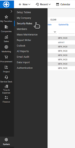 ConnectWise System menu expanded with Security Roles highlighted.