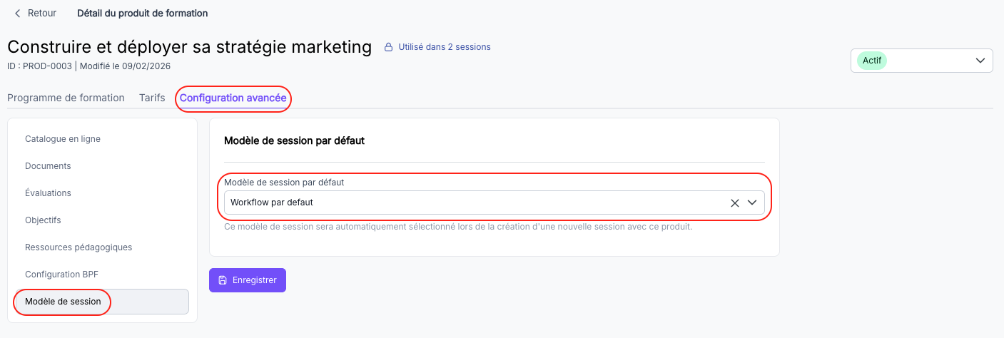Onglet Configuration avancée, sous-menu Modèle de session, champ Modèle de session par défaut