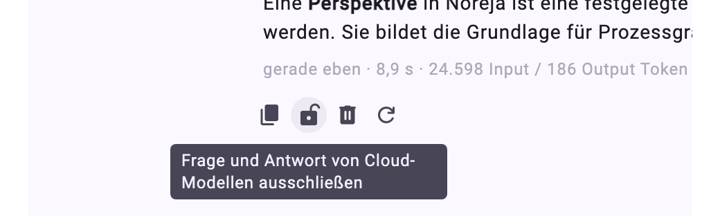 Unter einer Antwort die Aktionen Kopieren, Schloss, Löschen und Neu ausführen; das Schloss ist offen, sein Tooltip lautet Frage und Antwort von Cloud-Modellen ausschließen