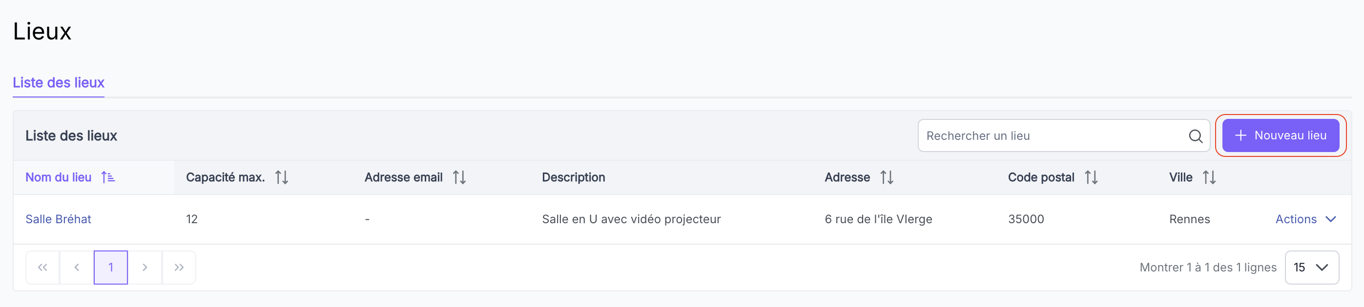 Fenêtre Créer un nouveau lieu avec ses champs