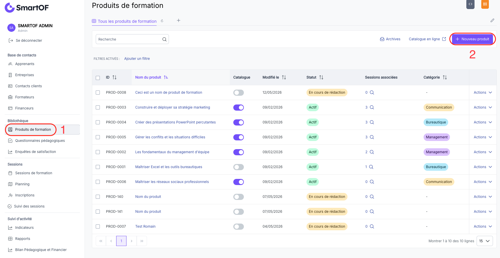 {Bouton Nouveau produit sur la liste des produits de formation}