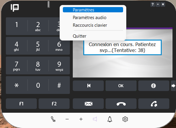 Paramètres audio 
Raccourcis clavier 
Quitter 
Connexion en cours. Patientez 
svp...ffentative: 38) 