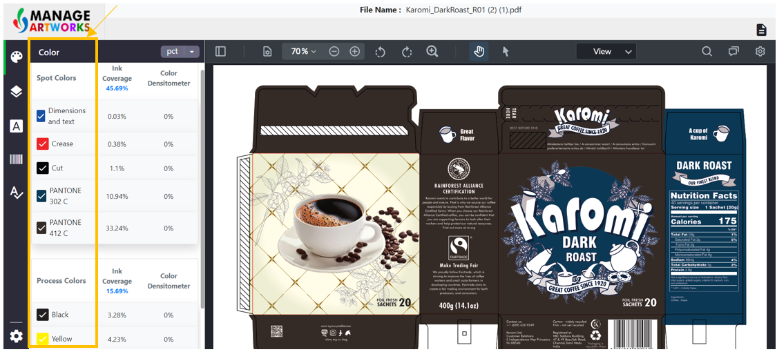 Verify Spot colors and process colors on packaging artworks