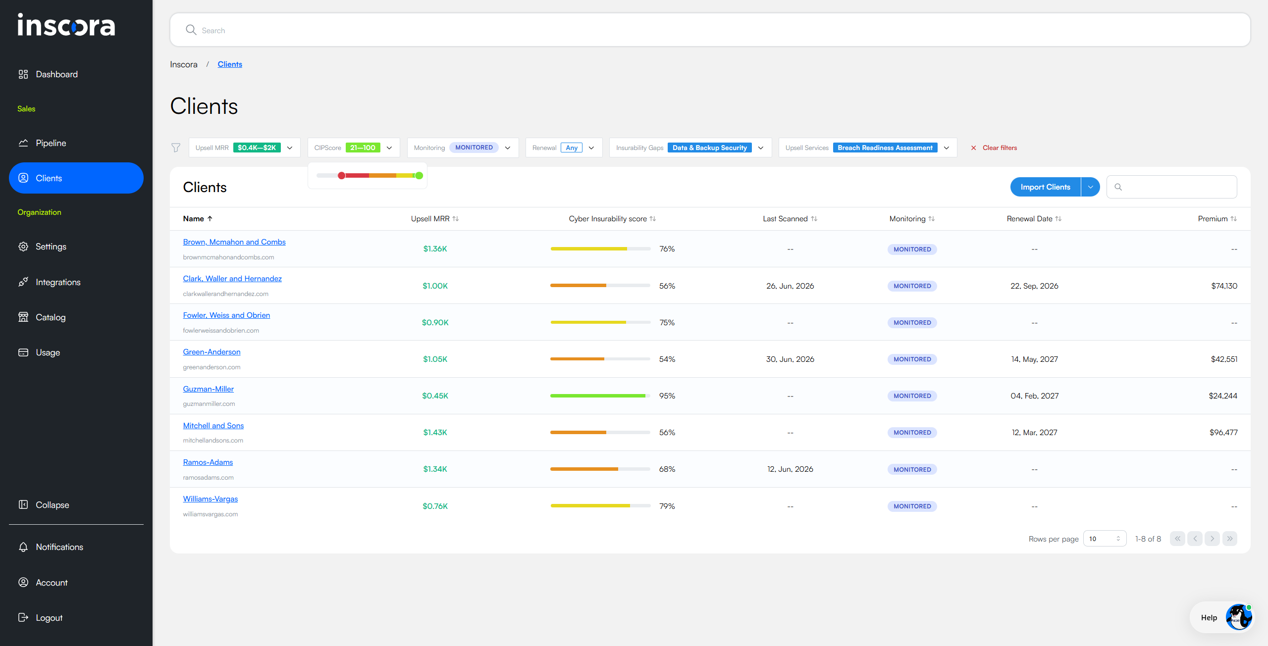 The Clients page (client list) with a blue Import Clients split button in the top-right of the table header.