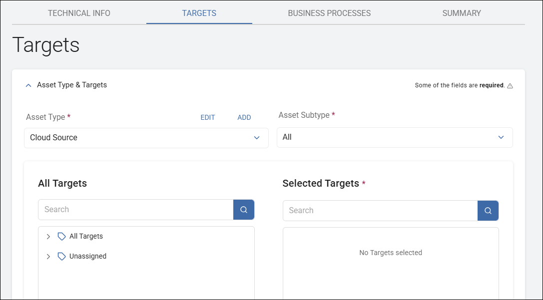 TARGETS tab - Asset Type and Asset Subtype