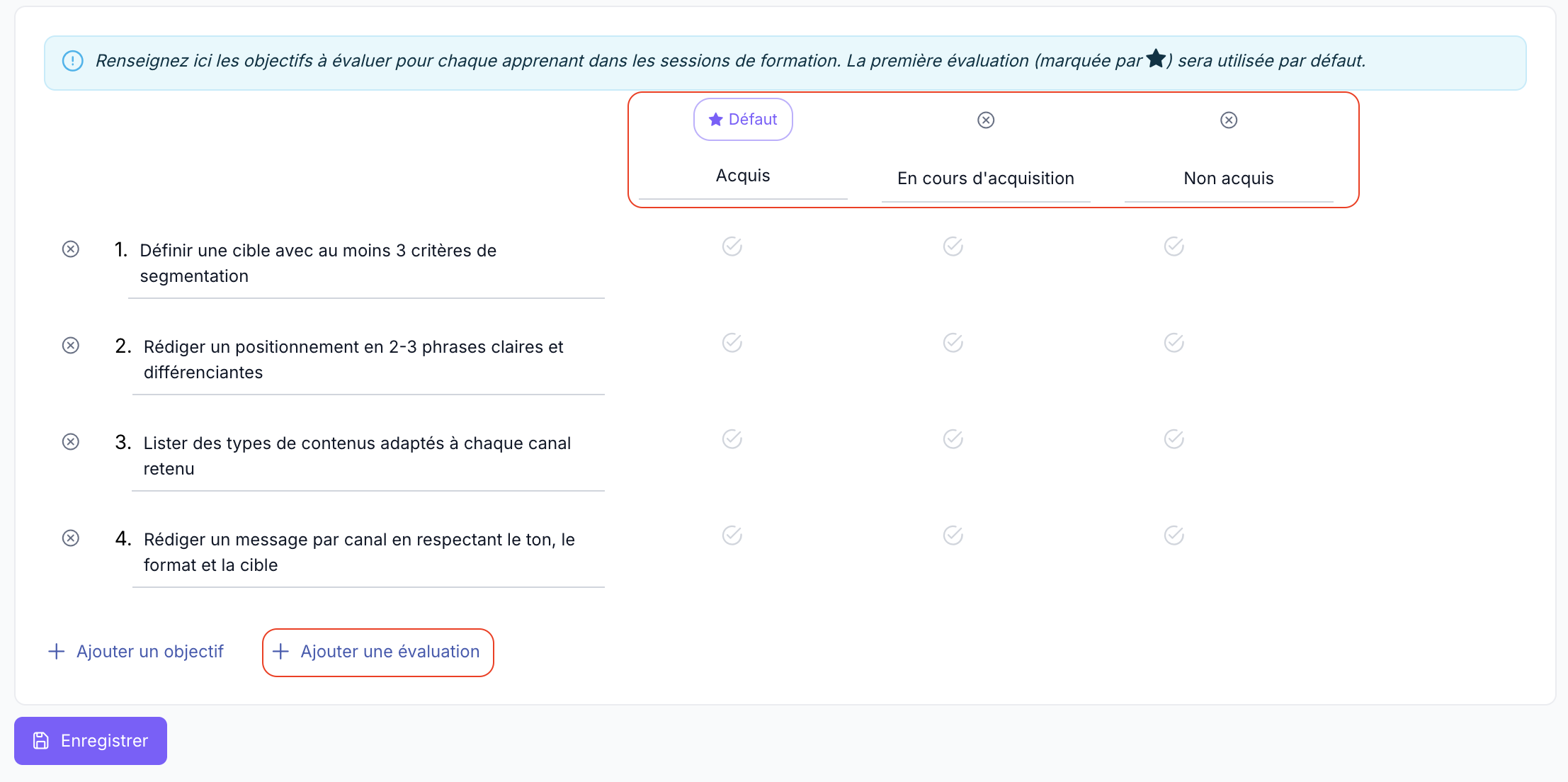 Grille d'évaluation avec les colonnes Acquis, En cours d'acquisition, Non acquis