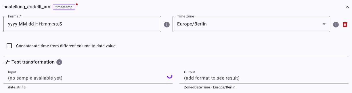 The settings of the column bestellung_erstellt_am in Prepare timestamps: Format yyyy-MM-dd HH:mm:ss.S, Time zone Europe/Berlin, the option to concatenate the time from another column, and Test transformation with the input 2025-07-19 23:08:58.0000000 and the output 2025-07-19T23:08:58+02:00 with the time zone Europe/Berlin