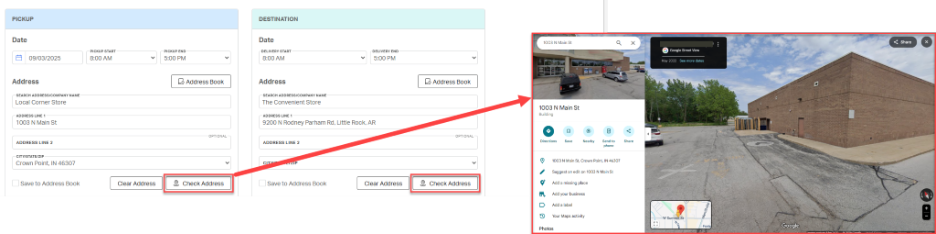PICKUP 
            DESTINATION 
            Date 
            Date 
            1003 N Main St 
            X 
            < Share 
            X 
            09/03/2025 
            PICKUP START 
            PICKUP END 
            DELIVERY START 
            DELIVERY END 
            G 
            Google Street View 
            8:00 AM 
            5:00 PM 
            8:00 AM 
            5:00 PM 
            May 2022 See more dates 
            Address 
            Lo Address Book 
            Address 
            Lo Address Book 
            SEARCH ADDRESS/COMPANY NAME 
            Corner Sto 
            SEARCH ADDRESS/COMPANY NAME 
            Local Corner Store 
            SCARLET 
            The Convenient Store 
            1003 N Main St 
            ADDRESS LINE 1 
            ADDRESS LINE 1 
            Building 
            1003 N Main St 
            9200 N Rodney Parham Rd, Little Rock, AR 
            V 
            OPTIONAL 
            3 
            OPTIONAL- 
            ADDRESS LINE 2 
            ADDRESS LINE 2 
            Directions 
            Saw 
            Nearby 
            Send to 
            Share 
            CITY/STATE/ZIP 
            Crown Point, IN 46307 
            CITYMAP 
            1003 N Main St, Crown Point, IN 46307 
            Suggest an edit on 1003 N Main St 
            Save to Address Book 
            Clear Address 
            2, Check Address 
            Save to Address Book 
            Clear Address 
            @, Check Address 
            Add a missing place 
            Add your business 
            Add a label 
            Your Maps activity 
            W Summit 
            Merrillvill 
            Photos 
            Google 