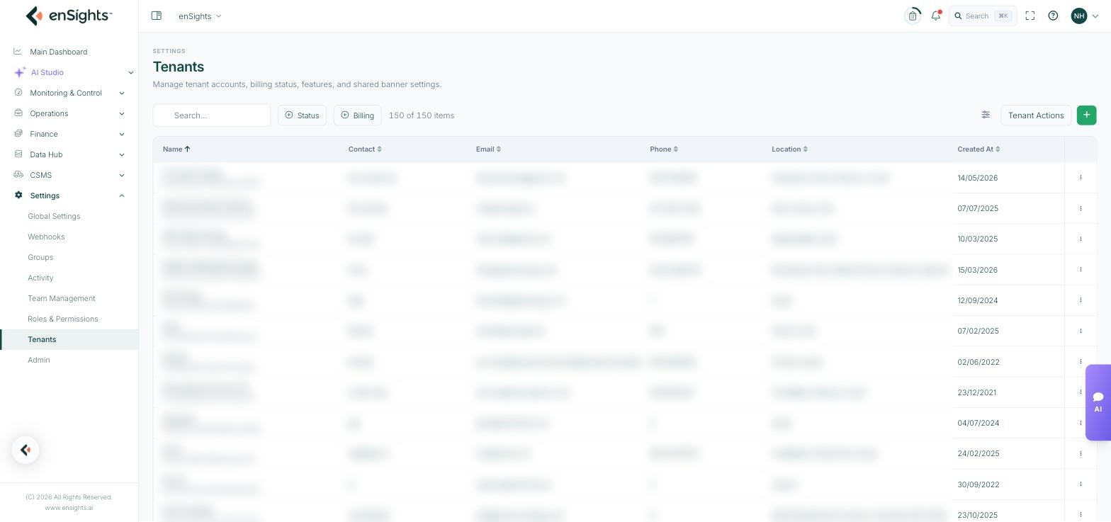 The Tenants list with Status and Billing filters, a Tenant Actions button and an add button, showing tenant rows with contact, email, phone, location and created date (identifying details blurred).
