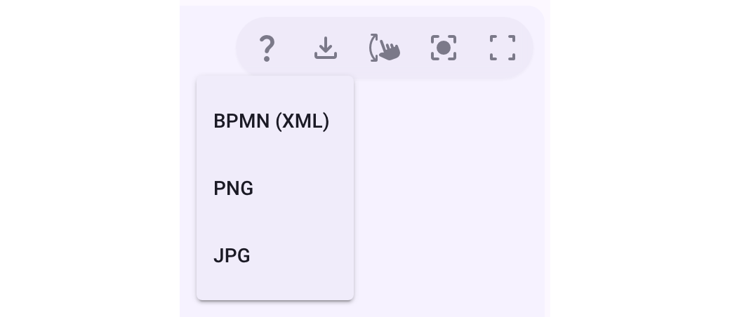 The graph controls with the opened Download menu: BPMN (XML), PNG and JPG
