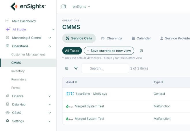 The Operations menu expanded, showing Customer Management, CMMS, Inventory, Reminders and Forms.