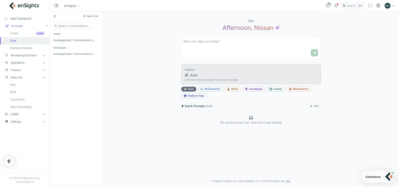 The Chat page on a new conversation: the conversation list with New Chat and search on the left, the message box, the Subject selector with Auto selected and the Performance, Alerts, Investigate, Assets, Maintenance and Platform Help options, and an empty Quick Prompts panel.