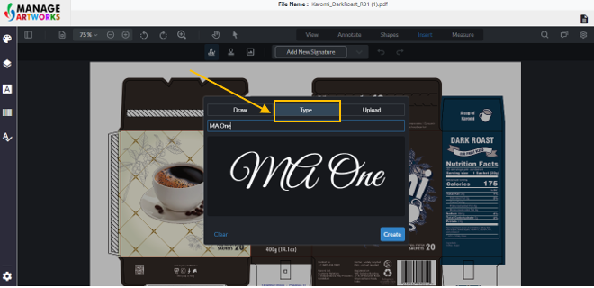 Type your signature on the packaging artwork