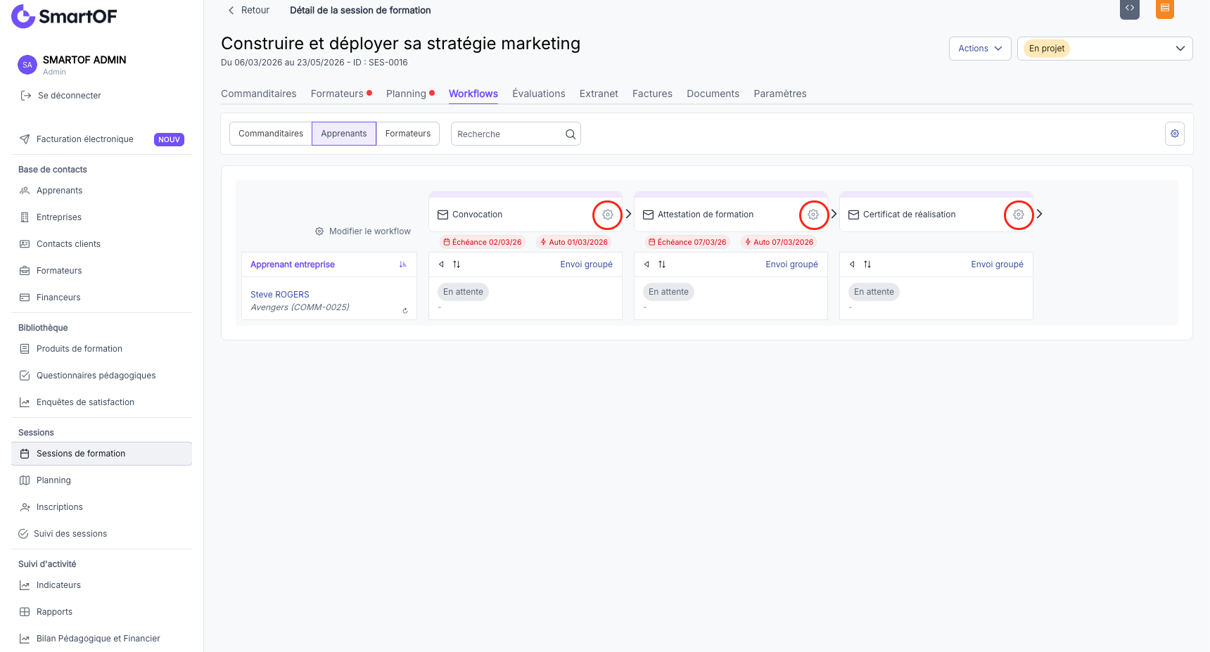 Modale d'édition d'une action depuis l'onglet Workflows d'une session