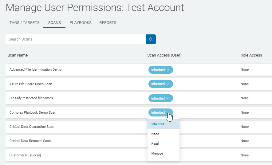 Manage User Permissions - SCANS tab - Scan Access (User)