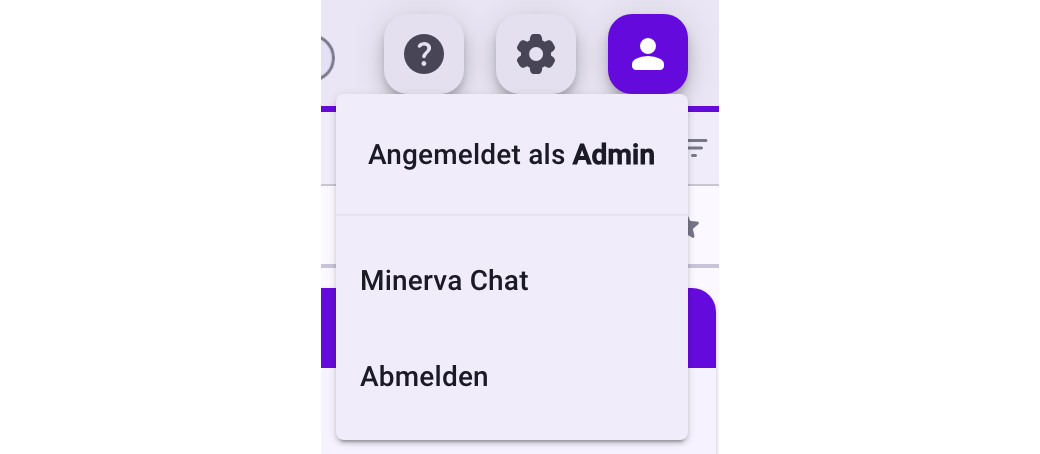 Das Profilmenü mit Angemeldet als Admin, dem Eintrag Minerva Chat und Abmelden