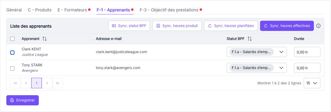 Onglet Apprenants avec les listes déroulantes de statut BPF