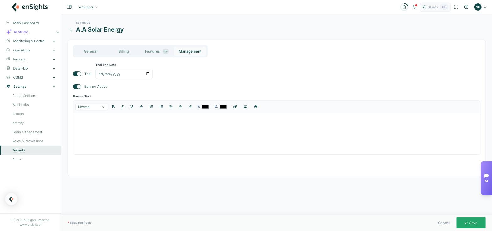 The Management tab of the tenant editor: a Trial toggle with a trial end date, and a Banner Active toggle with a rich-text banner editor.