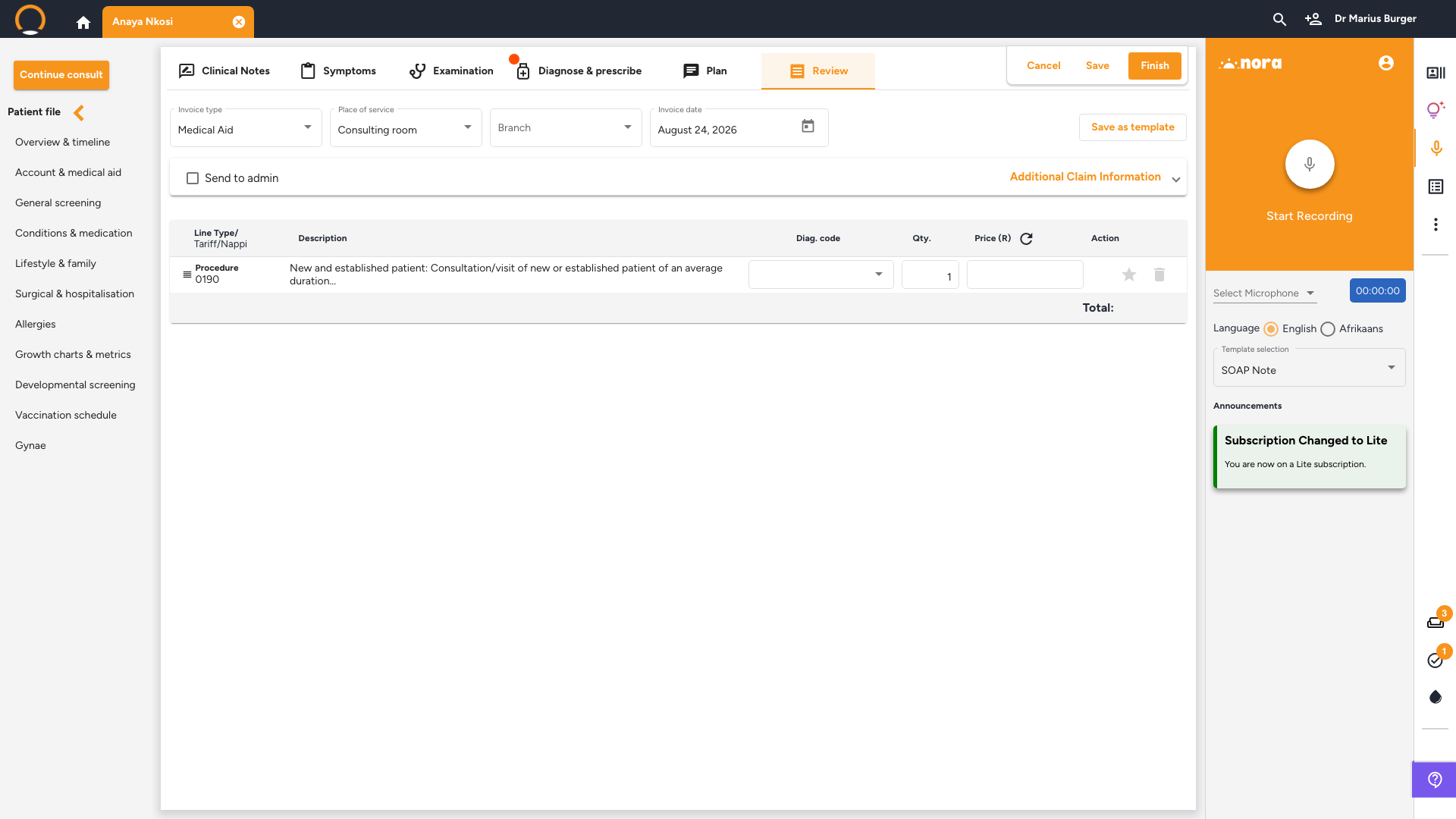 Review tab showing the invoice and Send to admin checkbox