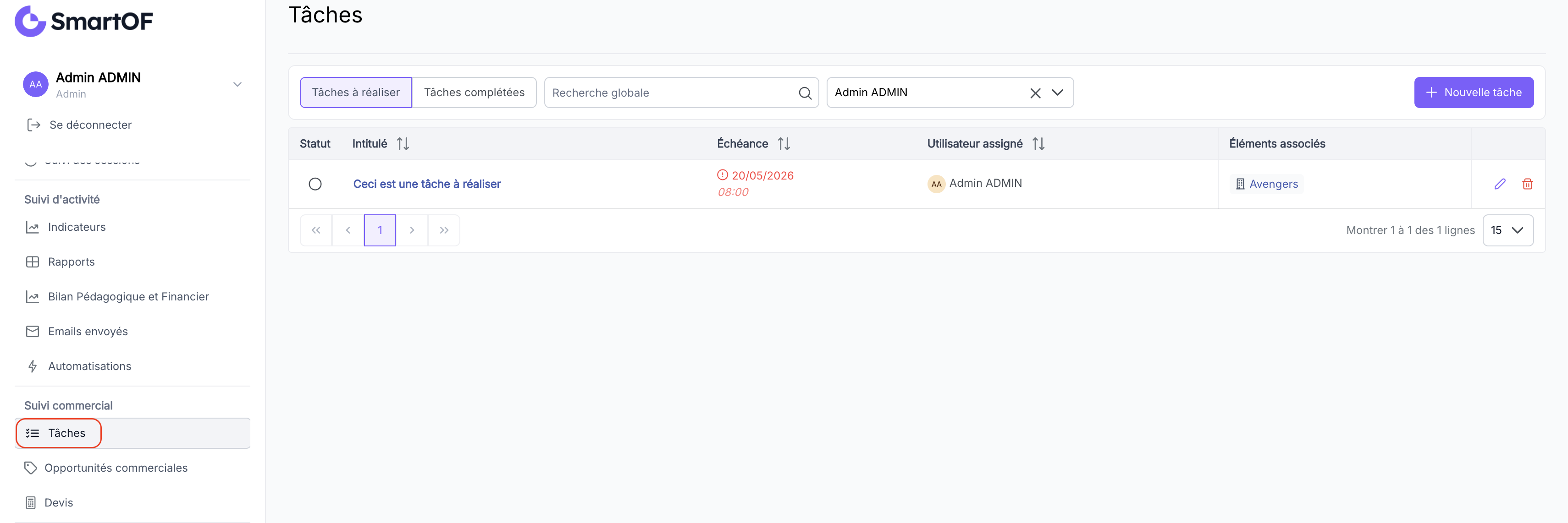 Vue globale des tâches dans le menu latéral
