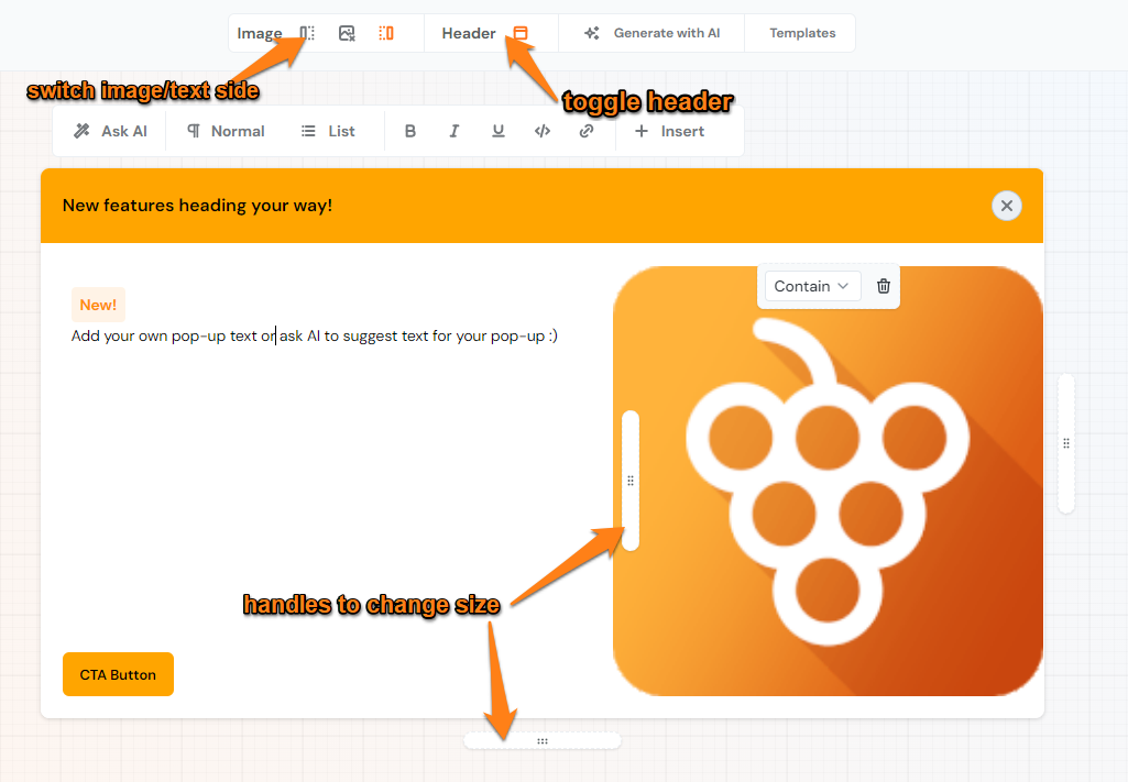 An example of a pop up highlighting the switch image text side menu toggle header and handles to change size