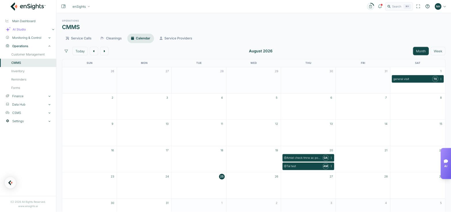 The CMMS calendar month view with service calls placed on their due dates.