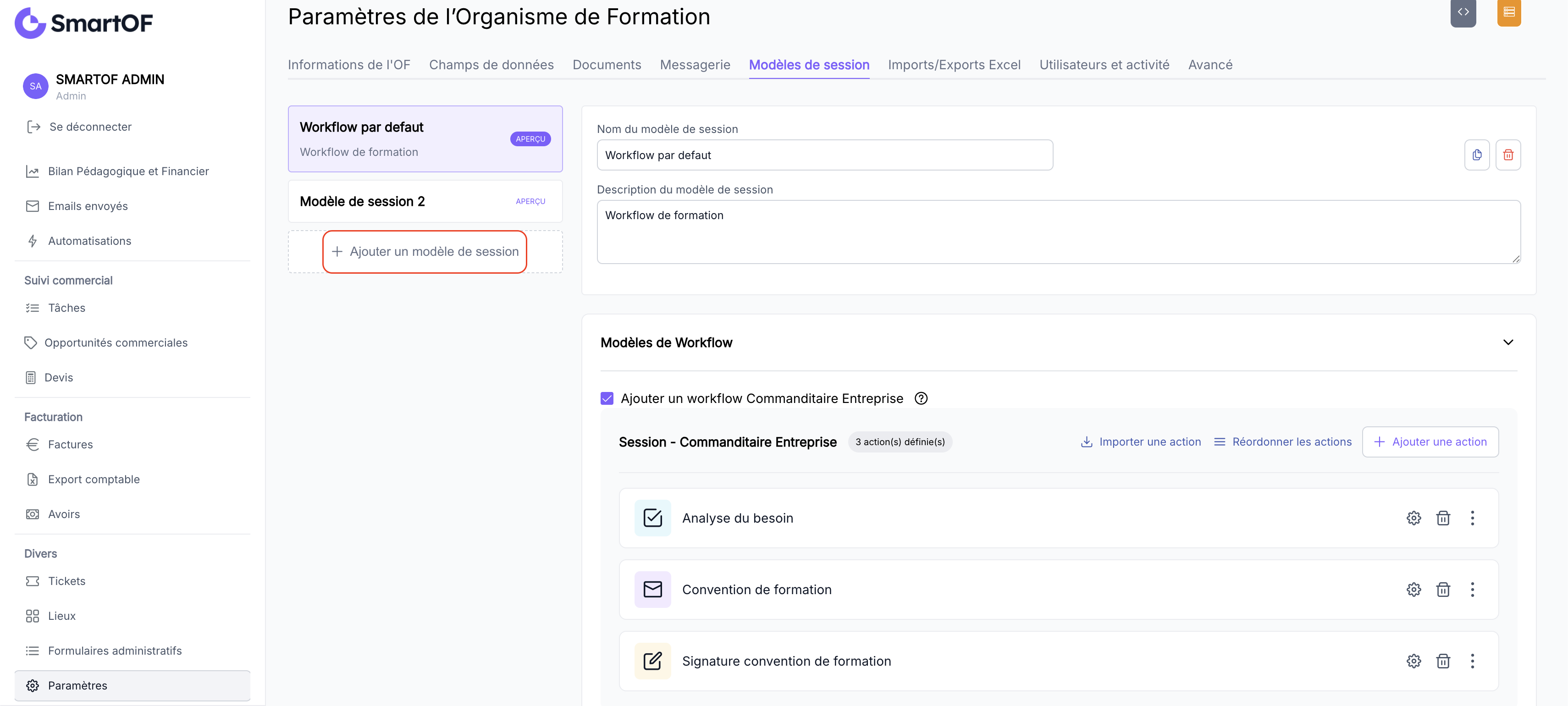 Fiche d'un modèle de session avec ses actions