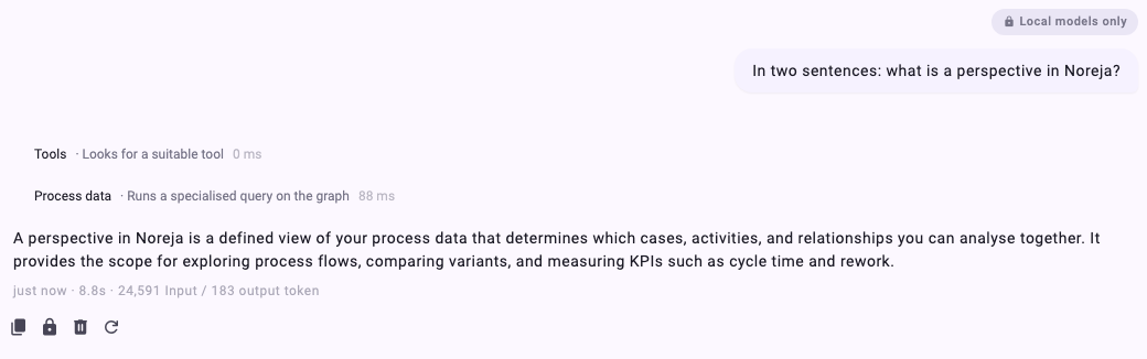 The same question and answer after a click on the lock: the badge Local models only above the question and the closed lock under the answer