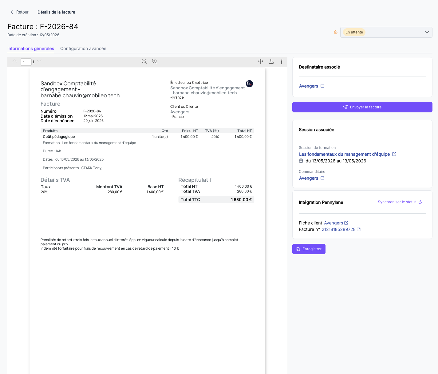 Page de détail d'une facture dans SmartOF avec le PDF Pennylane et le bloc Intégration Pennylane (liens fiche client, facture Pennylane, bouton Synchroniser le statut)