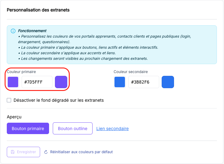 Champ Couleur primaire avec saisie hexadécimale et sélecteur de couleur
