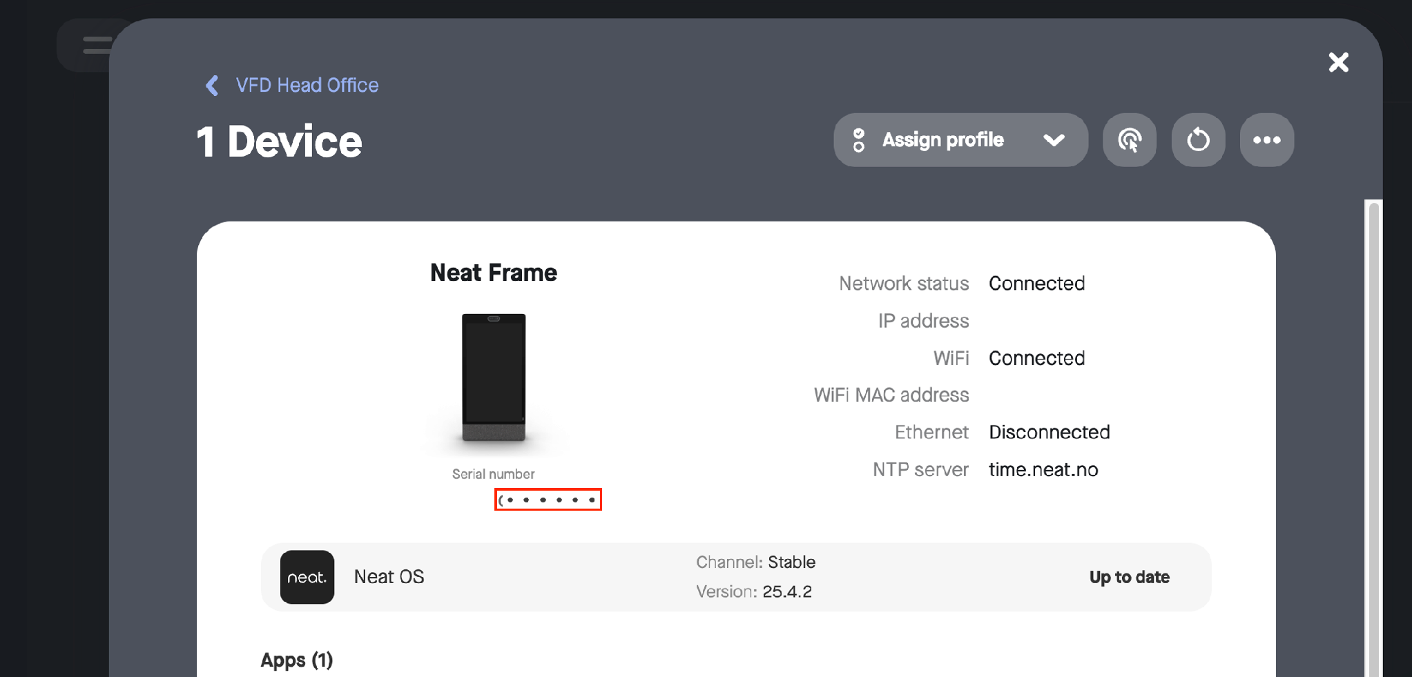The serial number on the device page in Neat Pulse