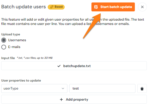 The Batch users update screen highlighting the Start batch update button