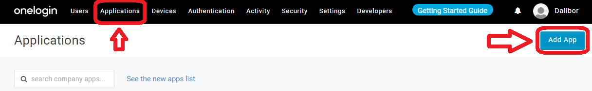 The One Login Applications page with Add App highlighted
