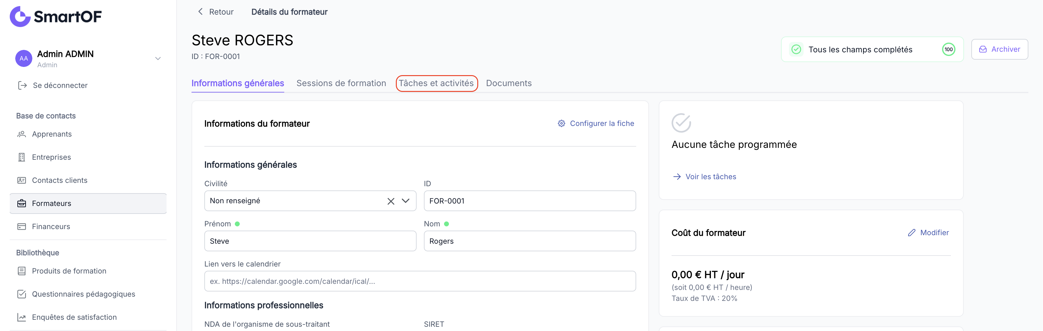 Onglet Tâches et activités sur la fiche formateur